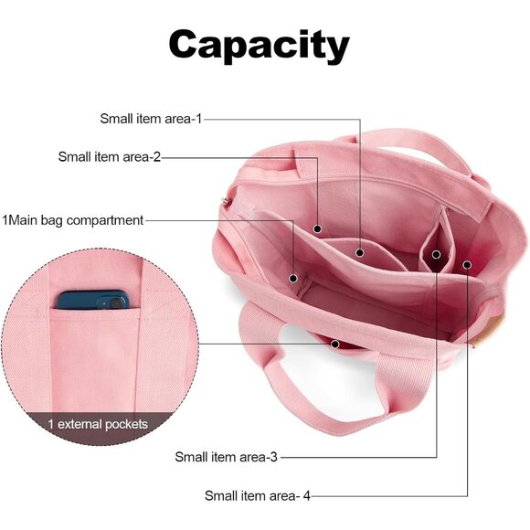 Women's Pink Canvas Tote Bag With Multi Pockets Mini Shoulder Bags With Zipper - Picture 3 of 6